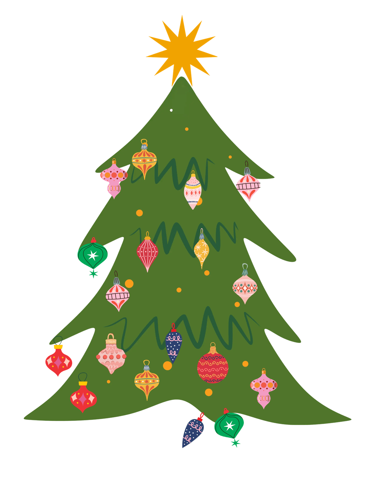 A Christmas tree hung with ornaments and topped with a star
