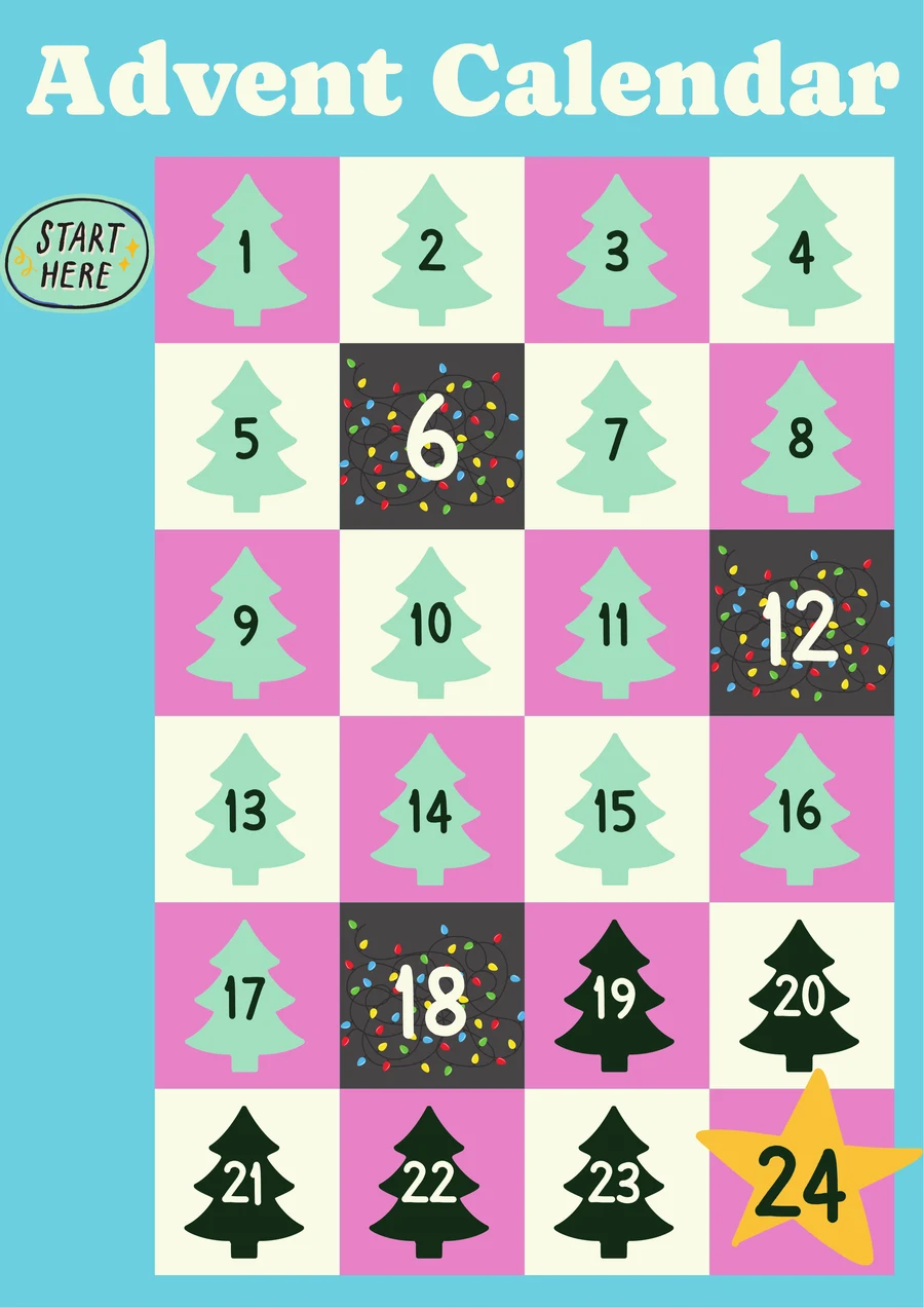Der Truth-or-Carol-Adventskalender, mit verhedderten Lichterketten am 6., 12. und 18., dunklen Bäumen ab dem 19. und einem Stern am 24.