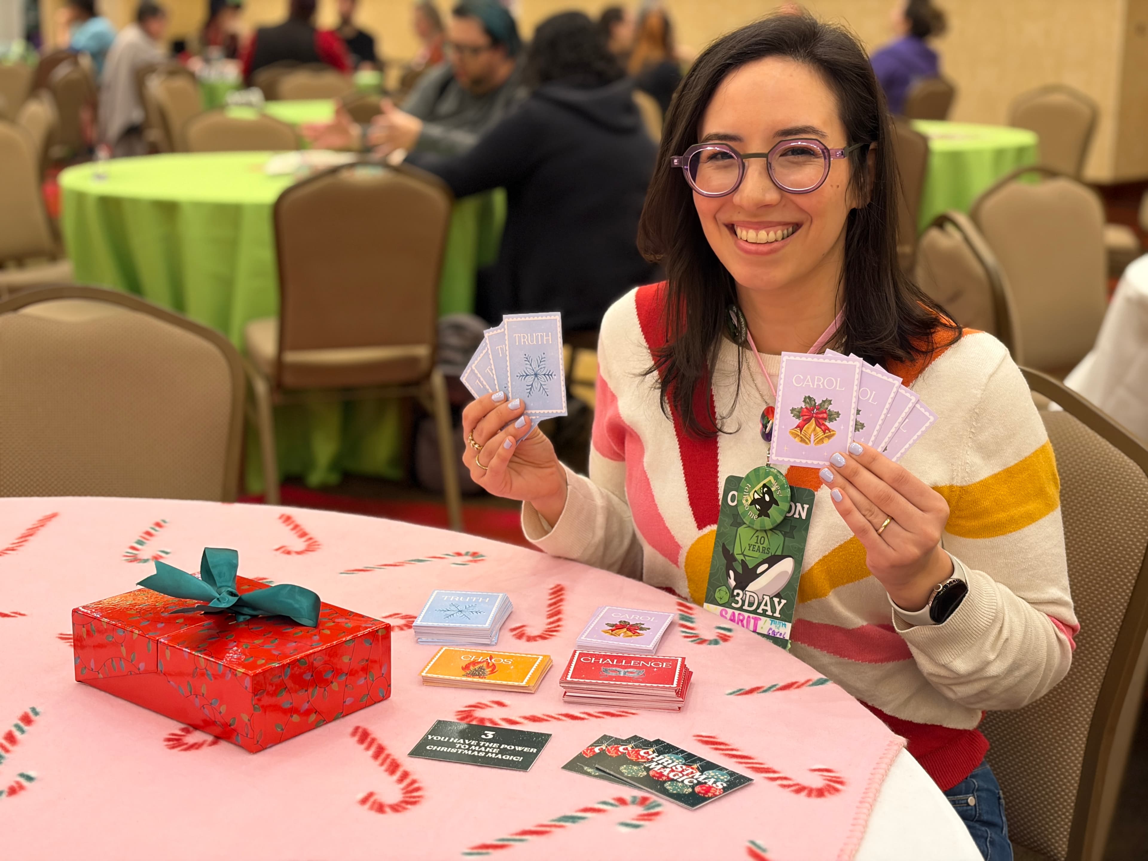Truth or Carol playtest table with game cards